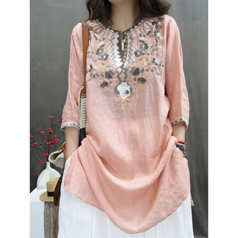 Cotton and Linen Embroidered Women's 2025 Spring, Summer and Autumn New Chinese Style Retro Mid-Sleeve Thin Top t