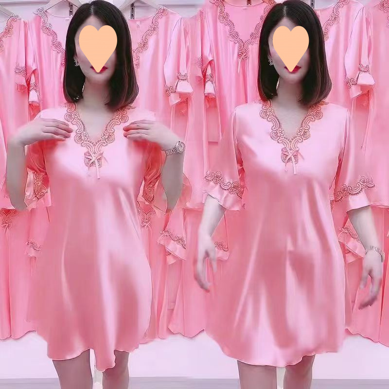 Ночная сорочка из льняного шелка, сексуальная, кружевная, женская, короткий рукав, большой размер