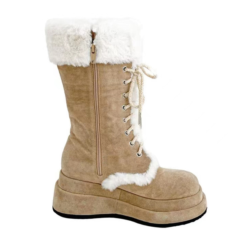 Furry Snow Boots for Women 2025 Winter New Retro Thick-Soled Fleece-Lined Knight Boots Warm Mid-Calf Martin Strappy Boots