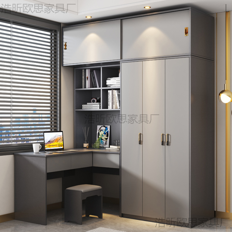 Solid Wood Computer Desk with Wardrobe and Bookcase Combination Bedroom Children's Study Desk Integrated Desk Cabinet