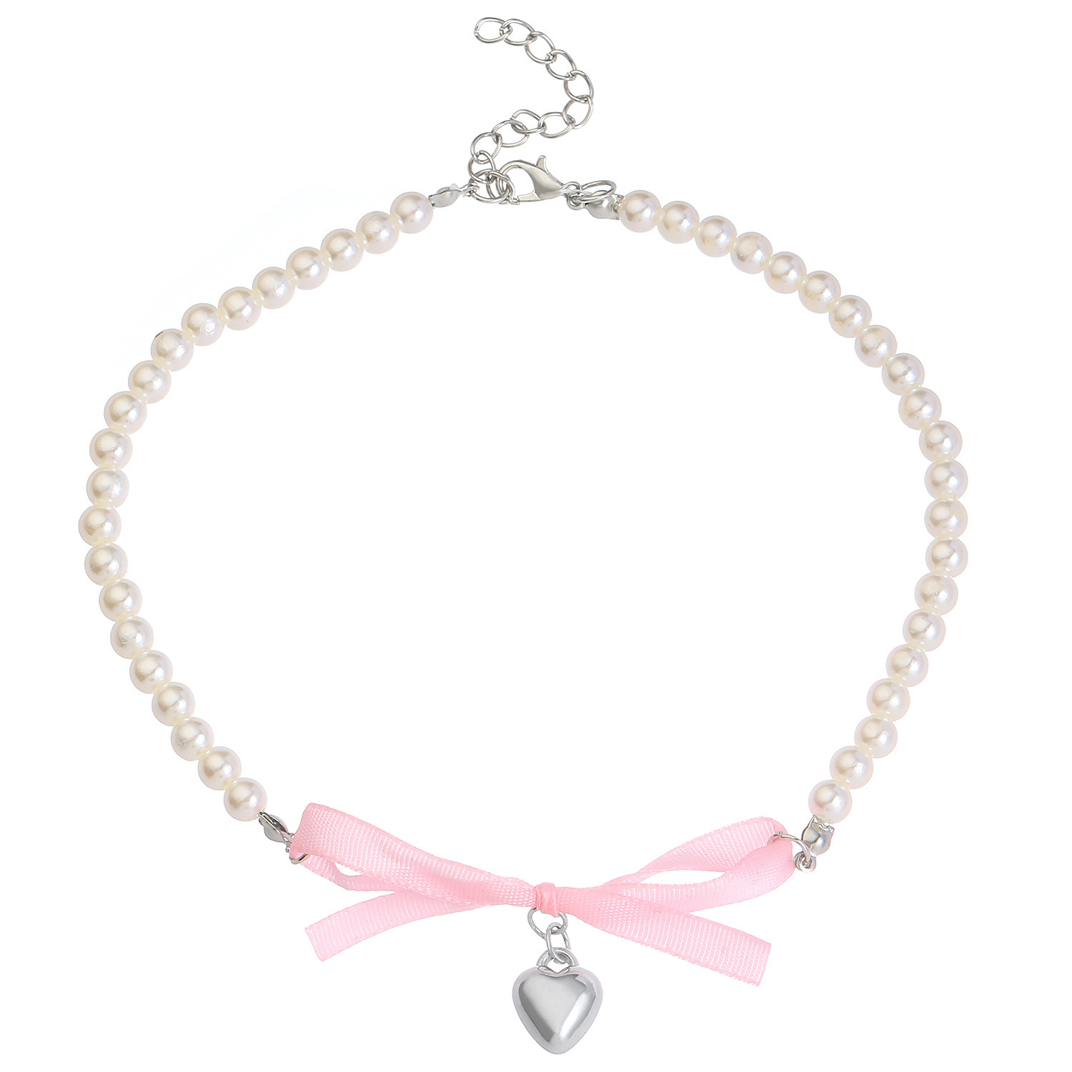 Cross-border Hot-selling Export Jewelry European and American Fashion Versatile Pearl Heart Pink Bow Clavicle Chain Necklace