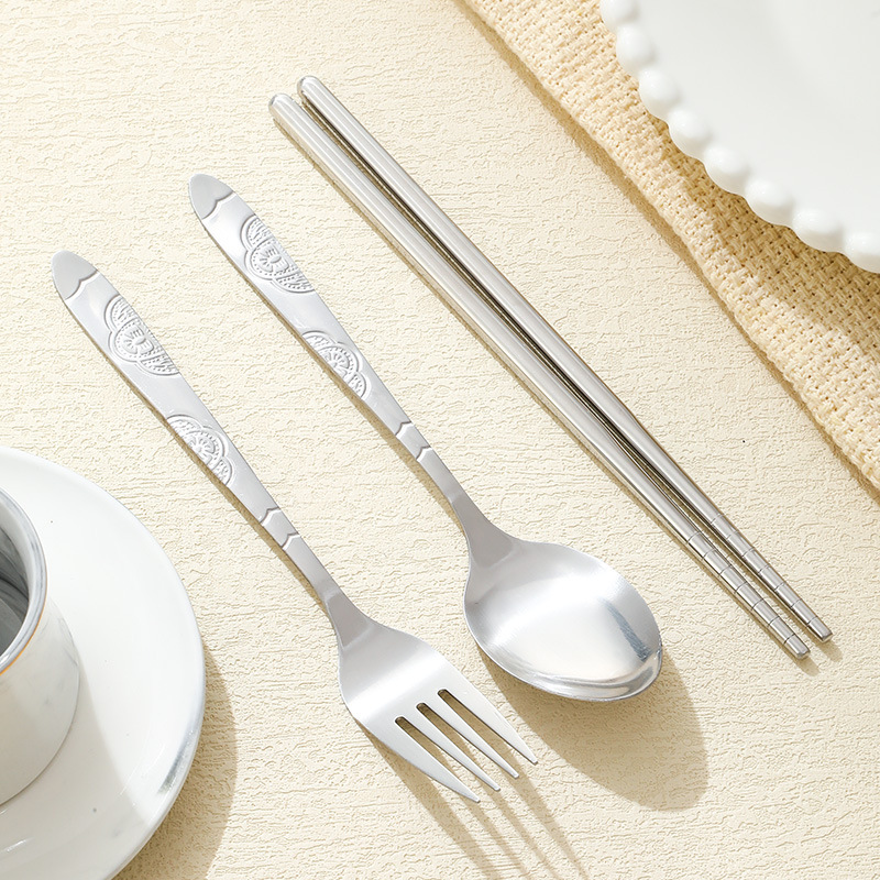 Stainless Steel Tableware Half Flower suit Lunch Box Tableware Pattern Spoon Fork Chopsticks Three-piece Activity Gift