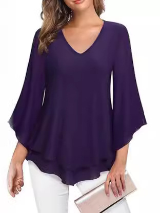 2023 Cross-border Women's Dress Top with Seven-sleeve Waist Asymmetrical Hem Shirt Light Mesh Lace Shirt