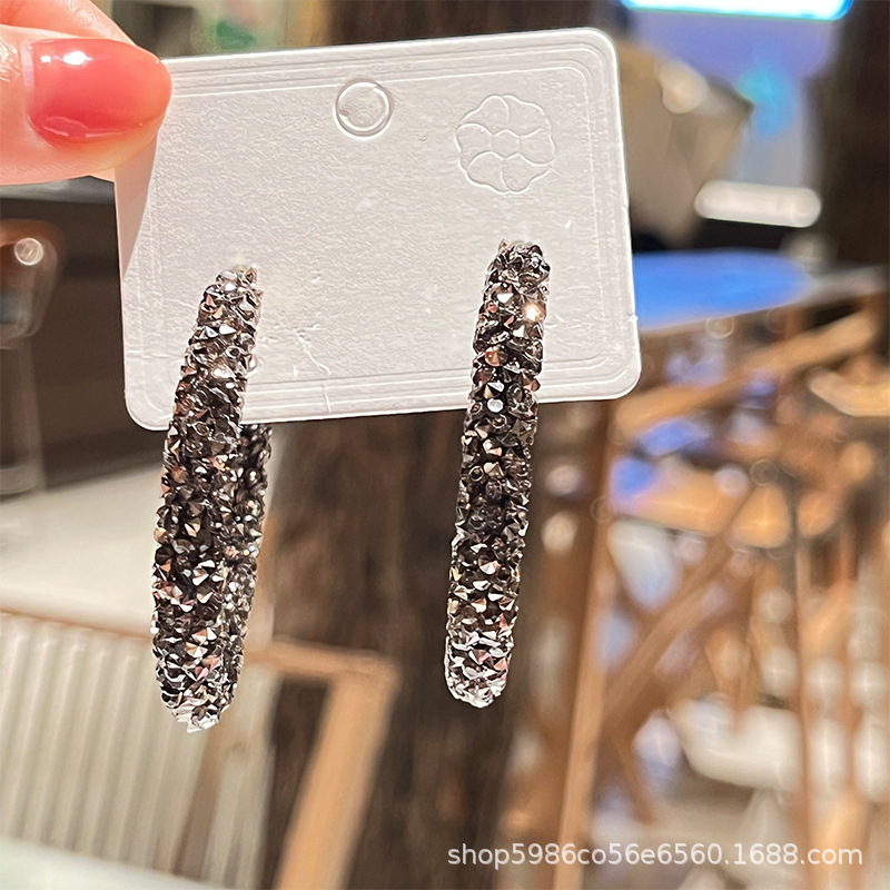 S925 Silver Needle New Trendy Internet Celebrity Popular Large Round Earrings Earrings High-End Full Diamond Elegant Circle Earrings