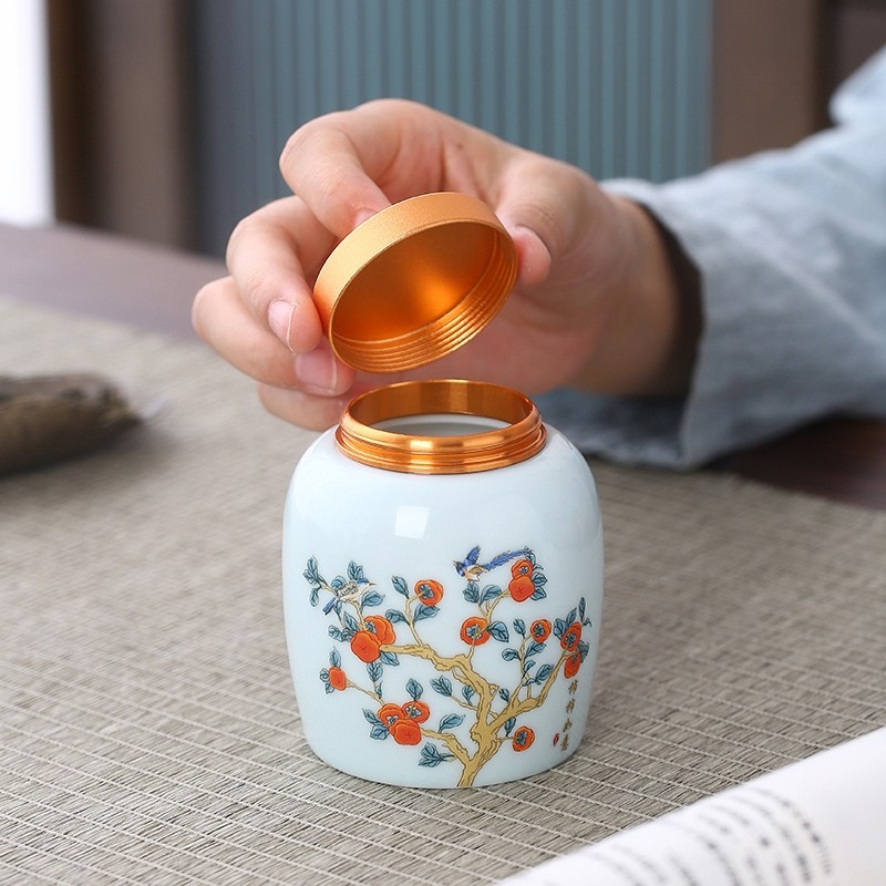 Small Metal Lid Ceramic Jar Persimmon Jar Tea Packaging Food Dendrobium Tea Cream Health Care Products Cosmetics Storage