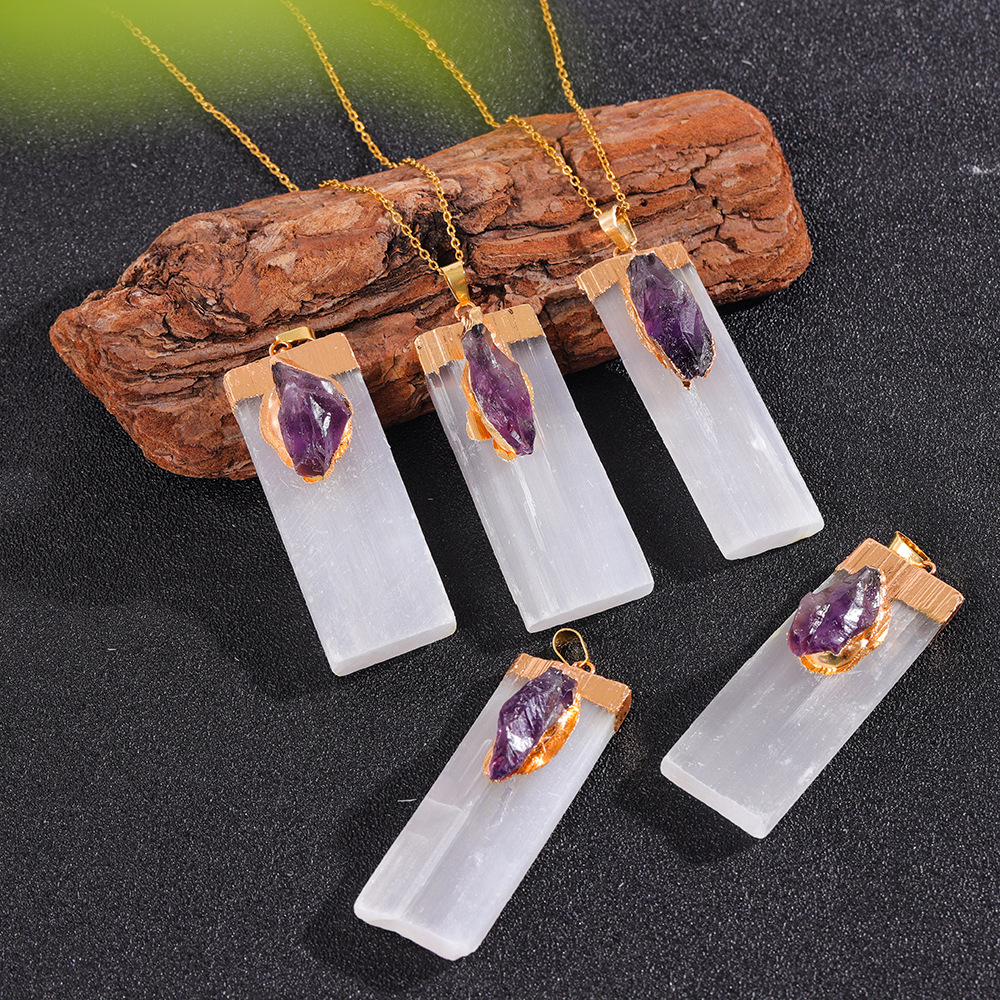 Irregular White Plaster Pendant Necklace Natural Square Rough Stone Inlaid with Amethyst Pendant Crystal Pendant European and American Jewelry
