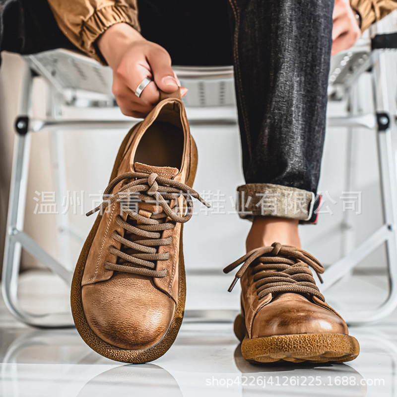 Men's Casual Leather Shoes Spring and Autumn New Genuine Leather British Vintage Thick-soled Tooling Shoes Soft Leather Soft-soled Low-top Single-layer Shoes for Men