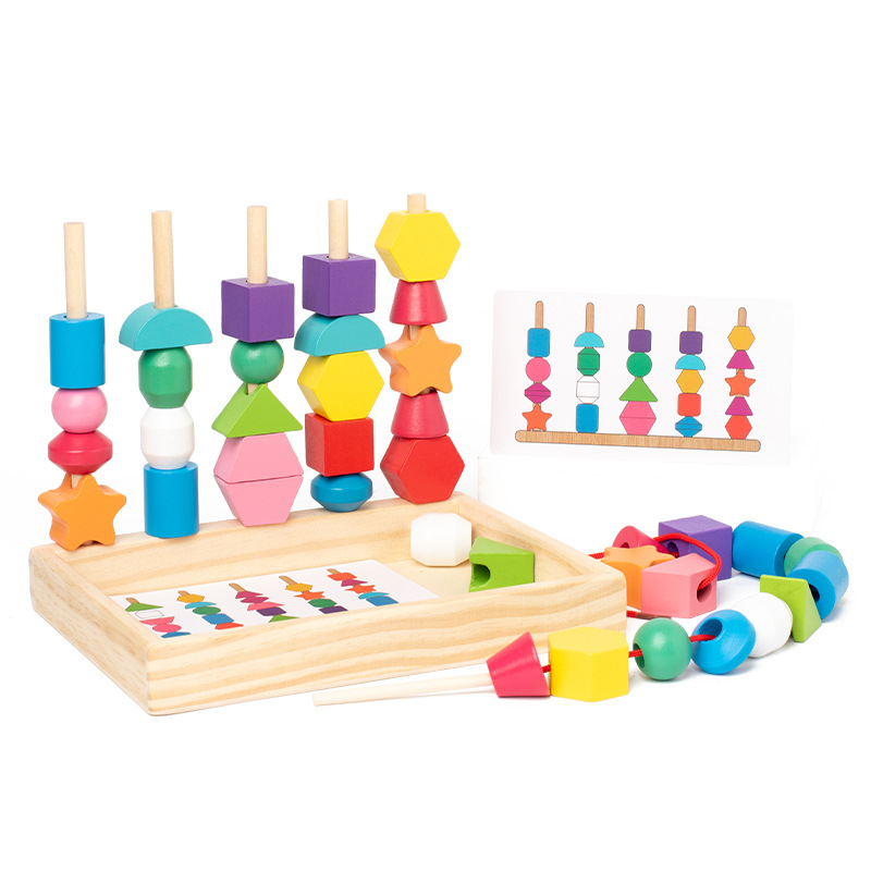 Children's wooden five-set column building blocks beaded box baby geometric shape color matching assembling building blocks educational toys