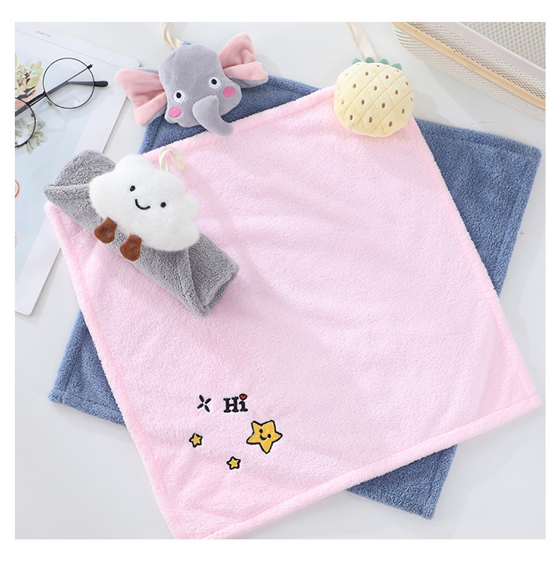 Wholesale thickened extra large coral fleece doll hand-mounted absorbent towel cute handkerchief embroidery square towel