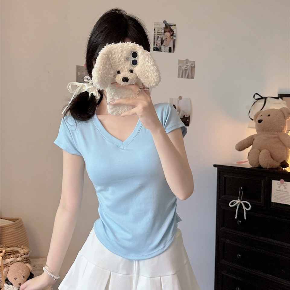 5125 # Pure Desire V-Neck Right Shoulder Short-Sleeved T-Shirt for Women in Summer Slimming Look Design Pleated Waist Short Top