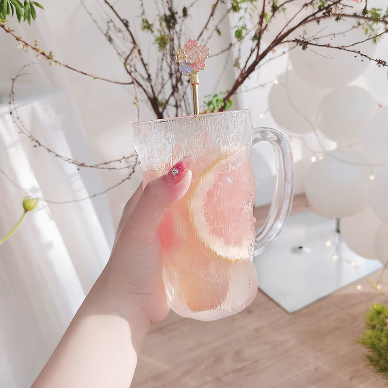 Ins-Style Glass Cup with Handle and Spoon, Glacier-Patterned Glass Cup, Women's Milk Coffee Cup, Zao Mengnuo