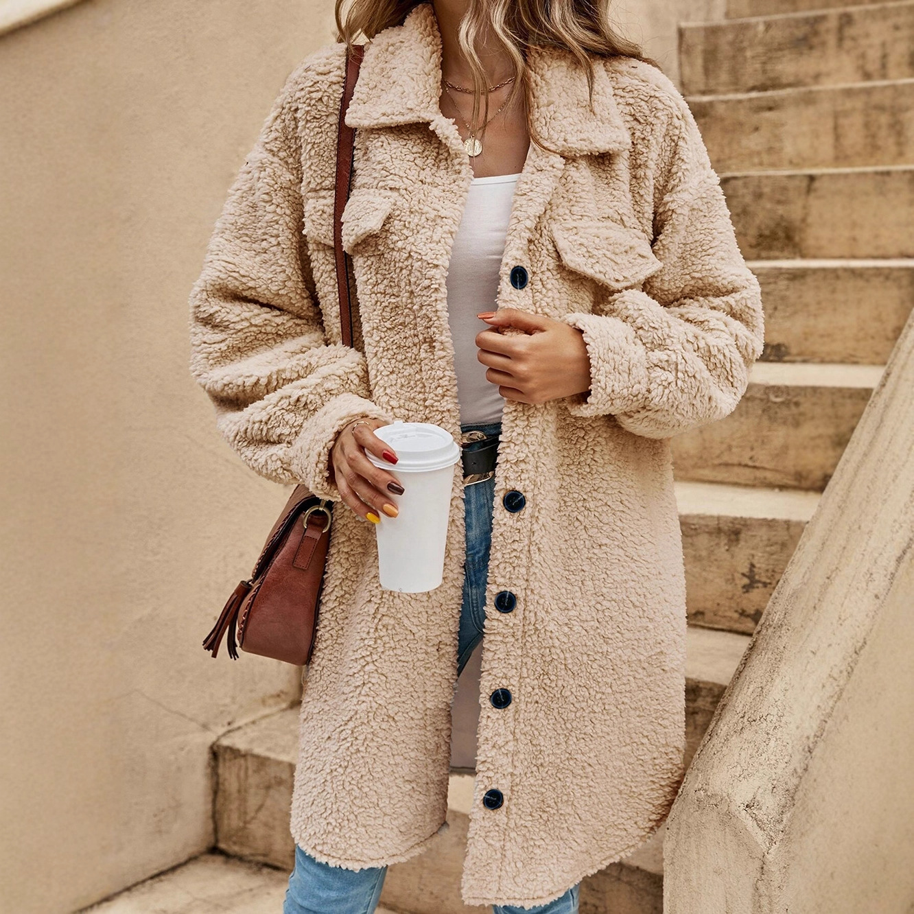 Cross-border Amazon new European and American Winter Open buckle lapel plush coat loose temperament commuter long coat for women