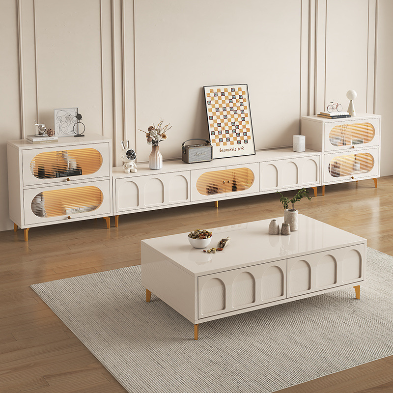 Solid Wood Tv Cabinet Coffee Table Combination Small Apartment Home Tv Cabinet Living Room Cream Style Coffee Table with Drawer Package Installation