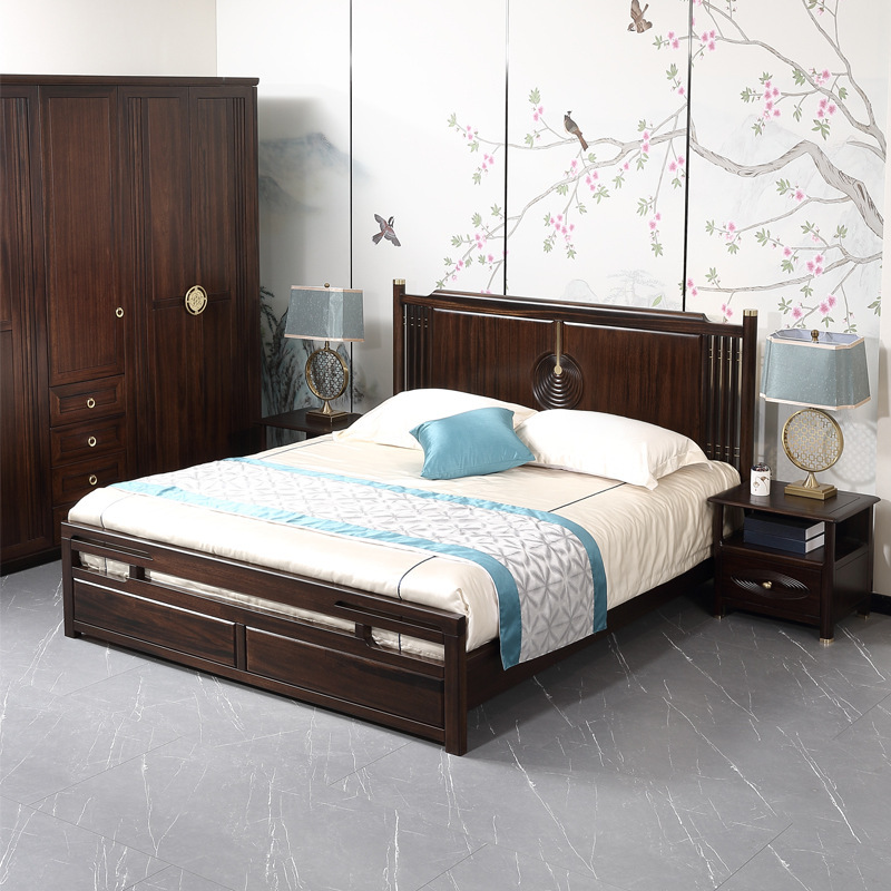 Ebony Furniture Modern Minimalist Bedroom High Box Light Luxury Storage Bed 1.8m Double Bed New Chinese Style Solid Wood Bed