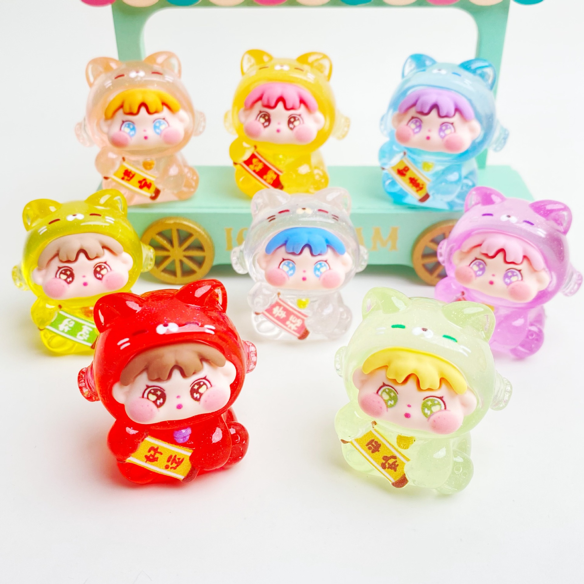 New Transparent Lucky Cat Girl Resin Cute Cartoon Small Ornaments Live Broadcast Blind Box Doll DIY Wholesale