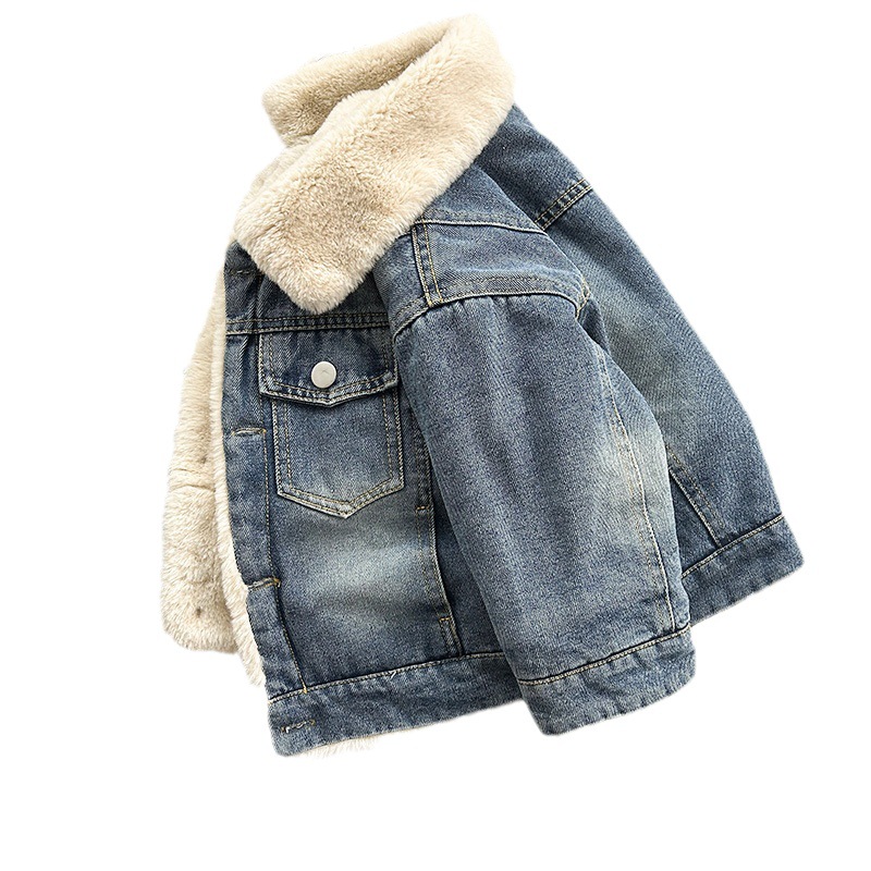 Children's Denim Jacket Fleece-Lined Autumn and Winter Baby New Product Girls Thickeneded Rabbit Fur Lapel Boys Jacket