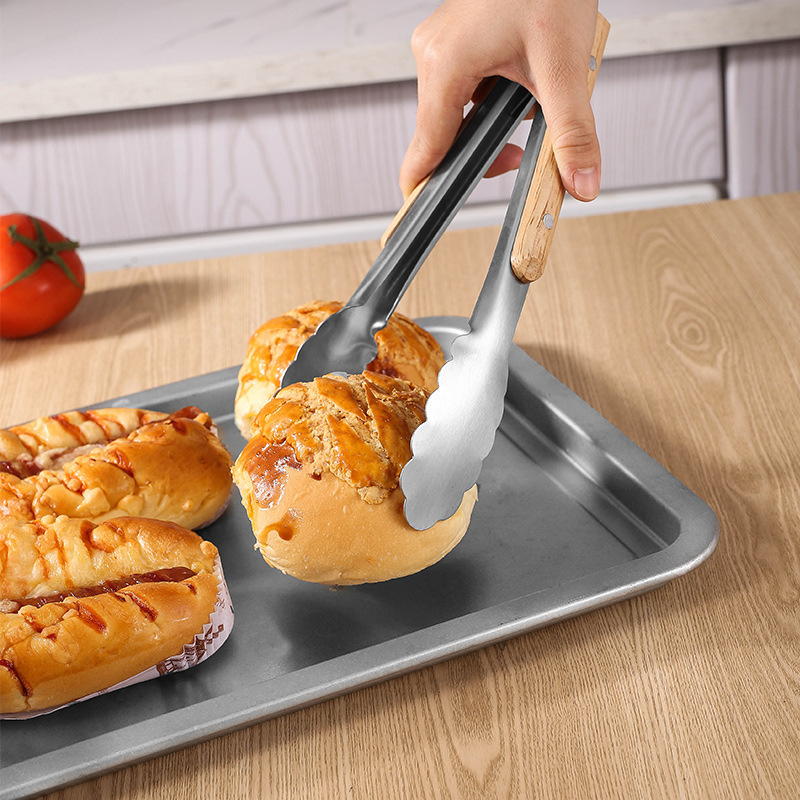 Stainless Steel Food Clips Korean High Temperature Resistant Food Clips Wooden Handle Anti-Scalding Steak Clips Bbq Barbecue Bread Clips