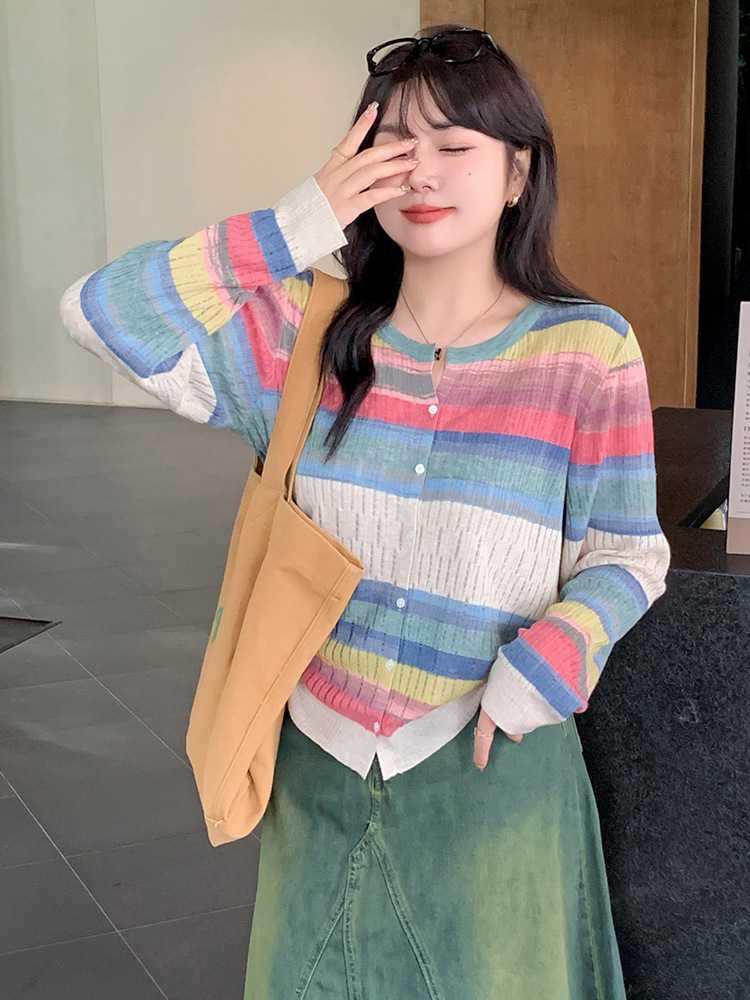 Plus Size Women's Round Neck Colorfulful Long-Sleeved Tops Women's Jacket 2025 Autumn Fat mm Loose Knitted Cardigan 2283