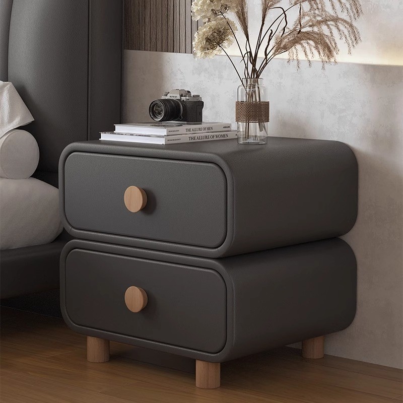 Cream Style Bedside Cabinet New Style Household Bedroom Leather Bedside Cabinet Simple Modern Installation-Free Small Storage Cabinet