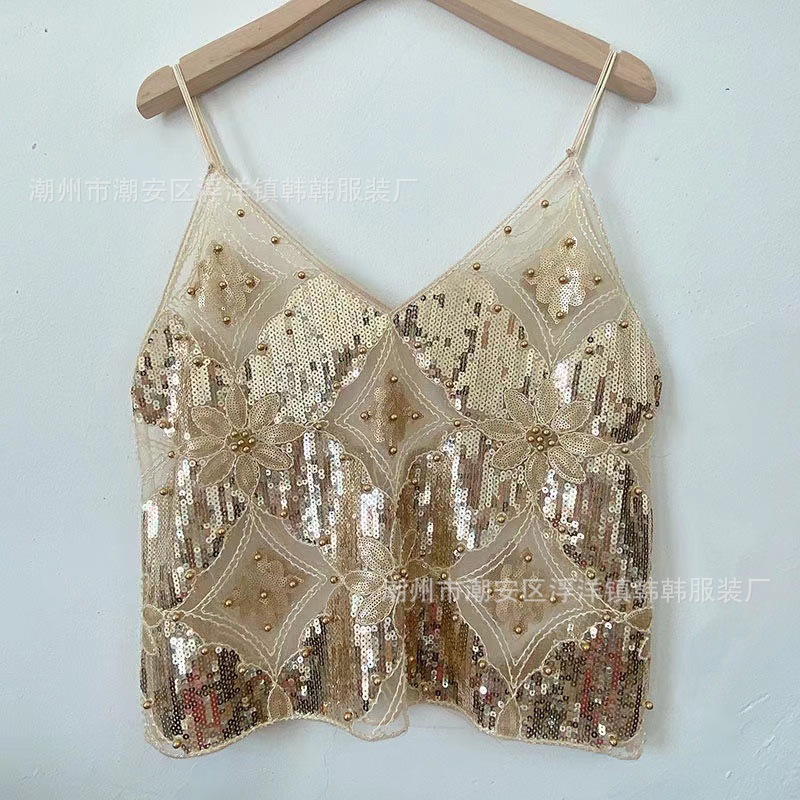 Летний жилет с пайетками, короткий V-образный вырез, сексуальный стиль для женщин
