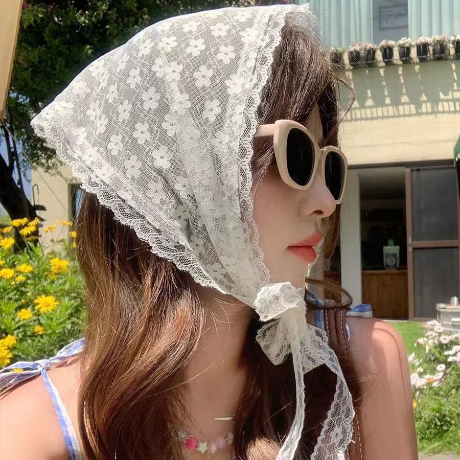 Lace turban triangle scarf fart curtain women's new 2025 apron and folded hem skirt curtain mesh waist towel