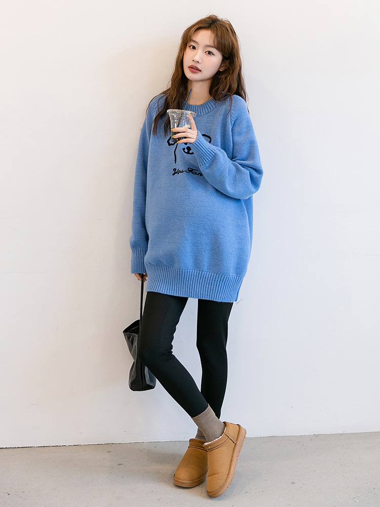Autumn and Winter Maternity Fashion Korean Knitted Sweater Loose Stretch Cartoon Pattern Round Neck Knitted Sweater Mid-length