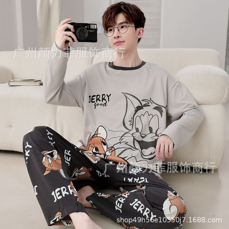 Pajamas Spring and Autumn Cartoon plus size 200 Jin Casual Handsome Loose Home Wear suit Youth Men's Long Sleeve