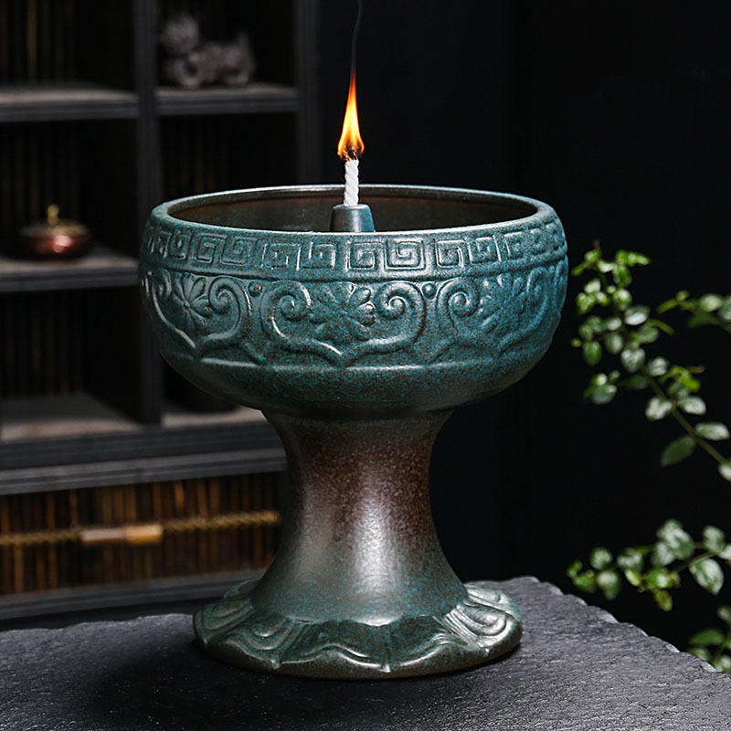 Ceramic oil lamp Buddha lamp retro candle holder liquid crisp long bright lamp holder Buddha lamp Buddha hall oil lamp printed LOGO