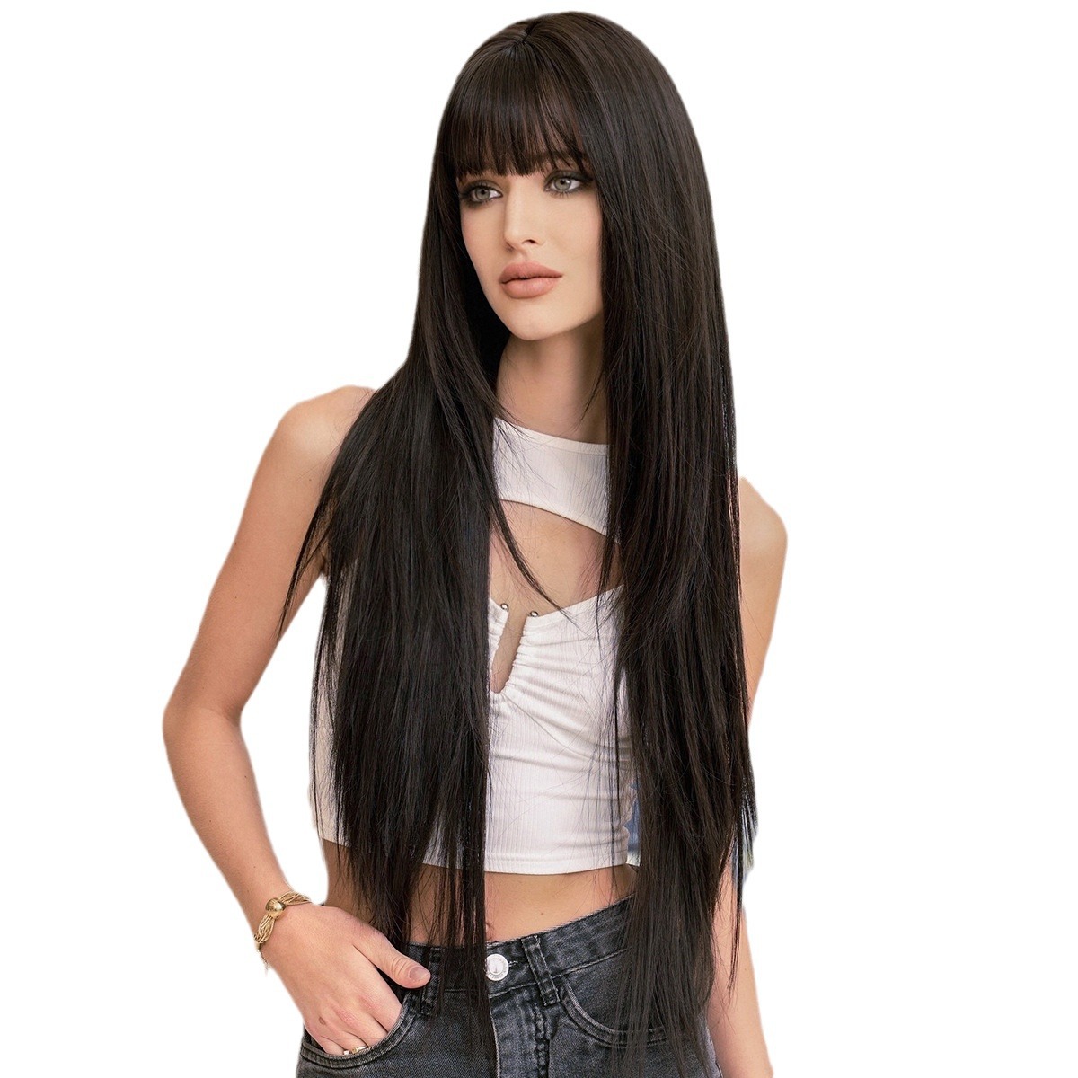 Wig Women's Fashionable Round Face Layered Super Long Straight Hair Black Full Top Wig high quality Chemical Fiber Full Head Cover with Straight Bangs