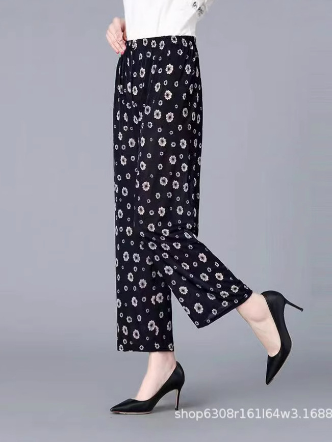 Middle-aged and old women's clothing ice silk mother pants loose plus size bloomers high waist cropped leggings flower pants summer special price