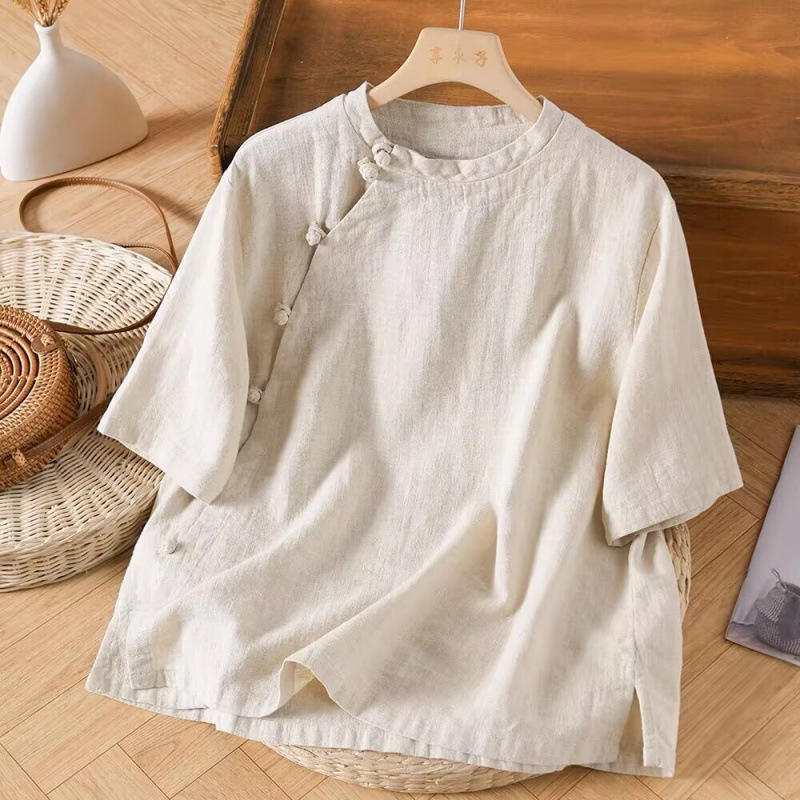 New 2025 Linen Short-Sleeved T-Shirt for Women with Slanted Placket and Buttons, Literary Retro