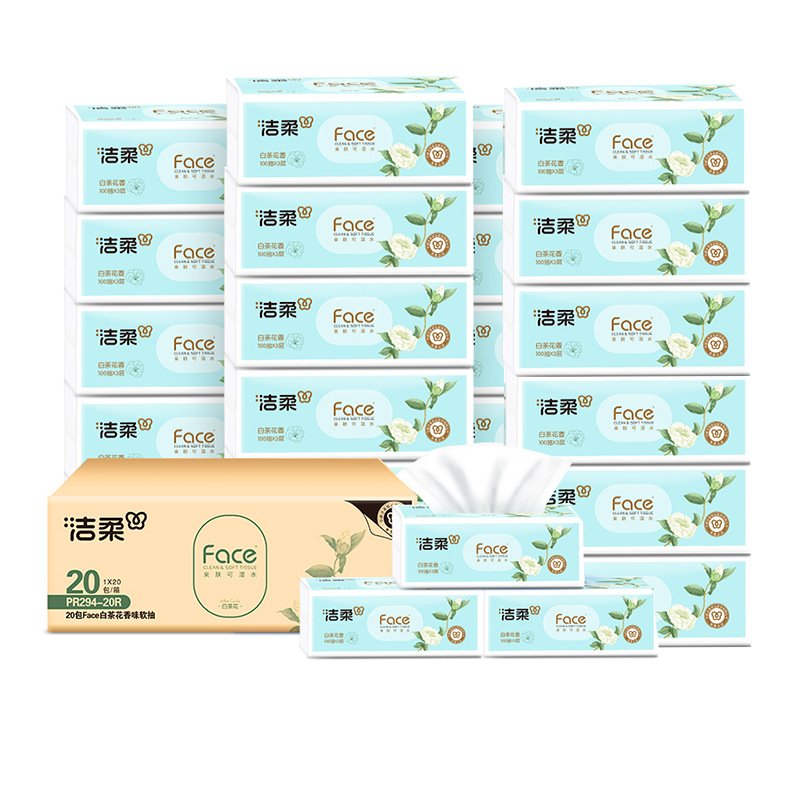 Jierou Face Tissue Box, 20 Packs, Economical Pack, White Camellia, 3-Ply, 100 Sheets, m Size, Large Pack of Tissue Paper, Napkin Tissue