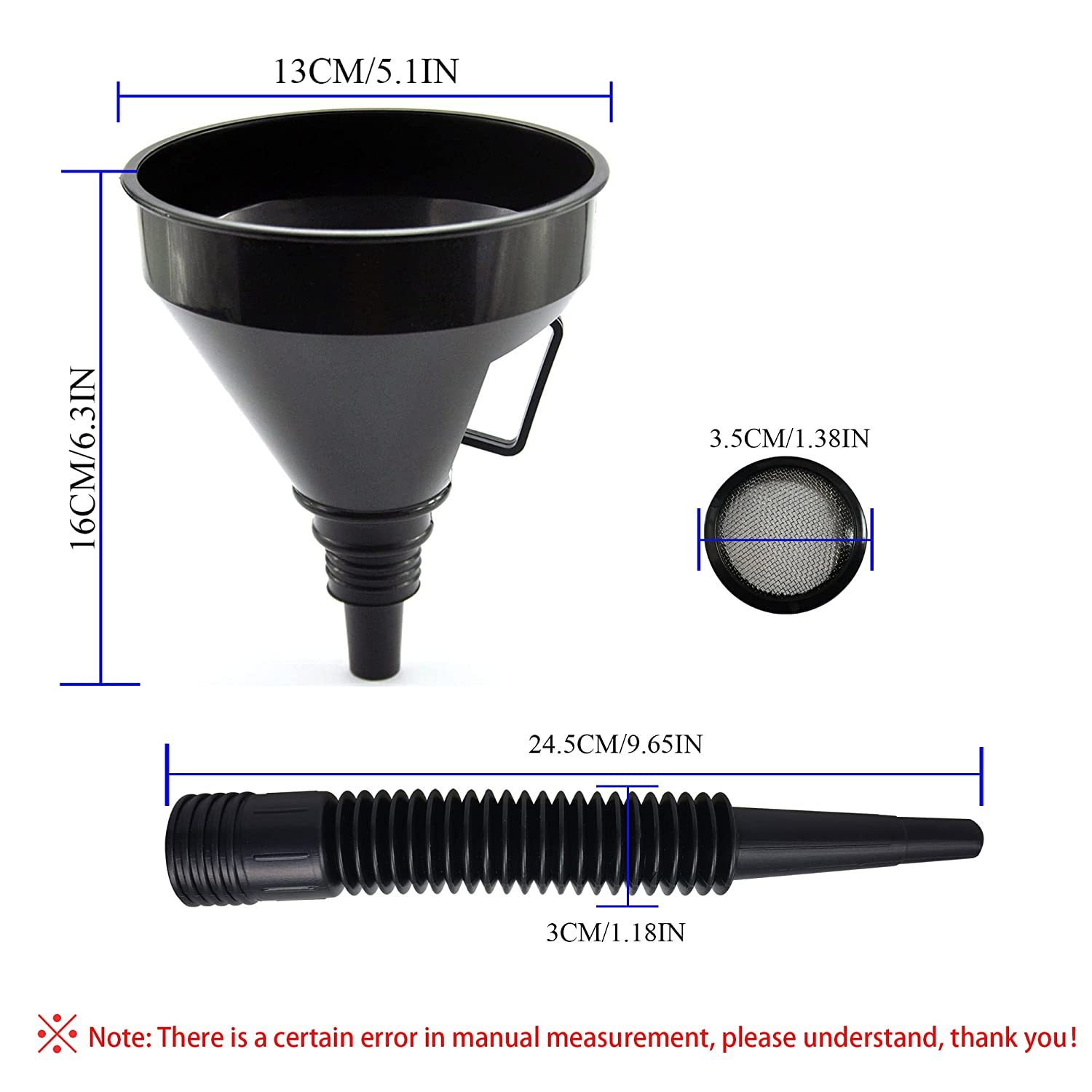 Multi-caliber fuel funnel with strainer hose car motorcycle oil gasoline large plastic rubber funnel