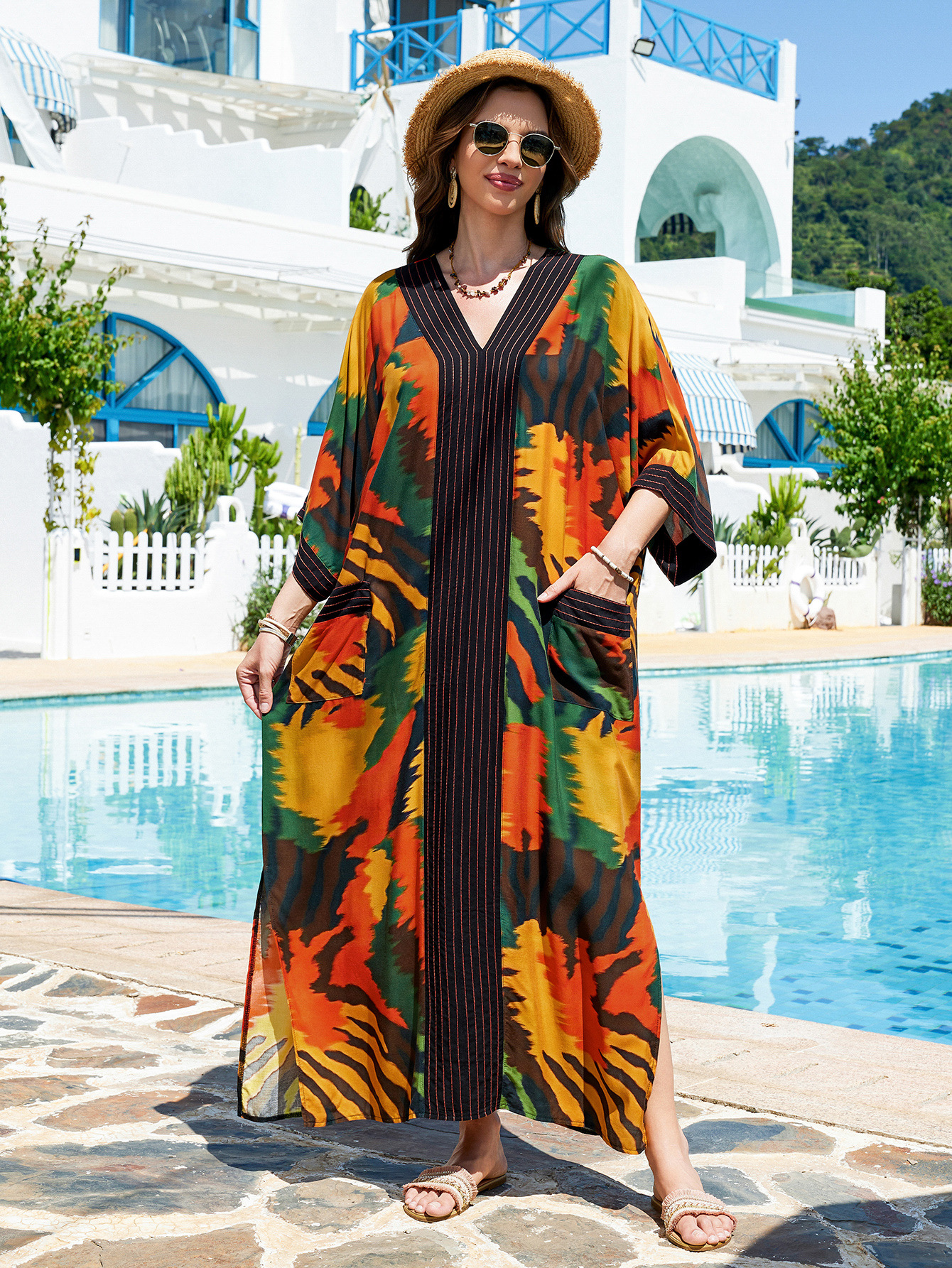 Beach Cover-Up Rayon Pocket Vacation Dress Robe Cross-Border Amazon (21 Colors) L5054 L