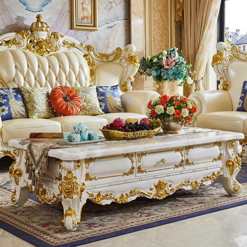 European-Style Top-Layer Genuine Leather Sofa Set with Solid Wood Carvings, Luxurious Large-Sized Villa Living Room 1234 Storage