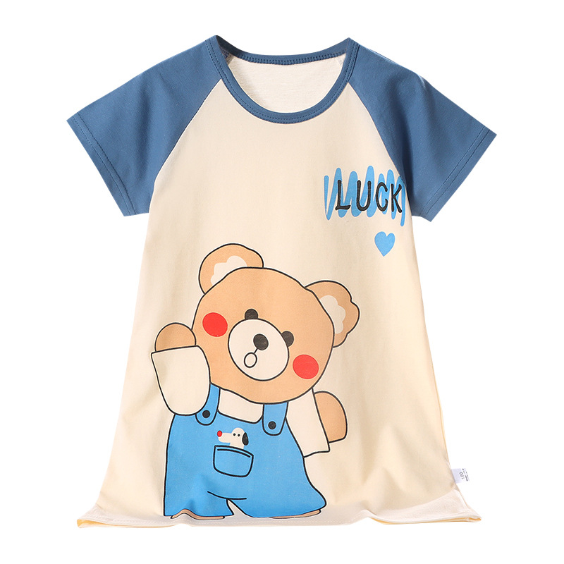 Girls Nightgown Pure Cotton Summer New Style Girls Short-Sleeved Air-Conditioned Clothes Korean Style Thin Home Clothes Kidsren's Pajamas Nightgown