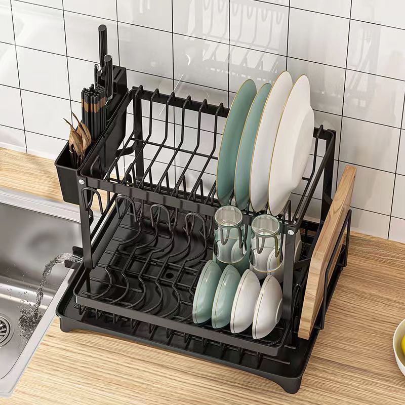 Cross-Border Kitchen Household Metal Storage Rack Tableware Storage Drain Rack Multi-Functional Organizing Countertop Double-Layer Dish Rack