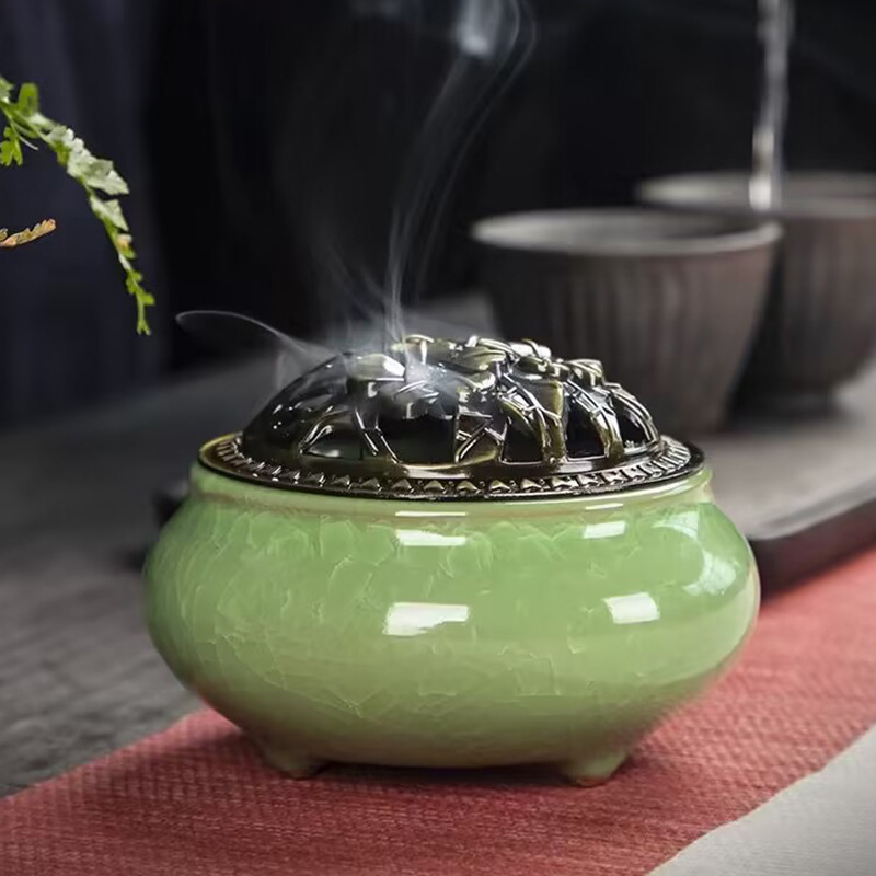Ice Crack Kiln Turned Ceramic Wholesale Incense Burner Household Indoor Sandalwood Burner Ornaments Creative Incense Coil Incense Incense Burner