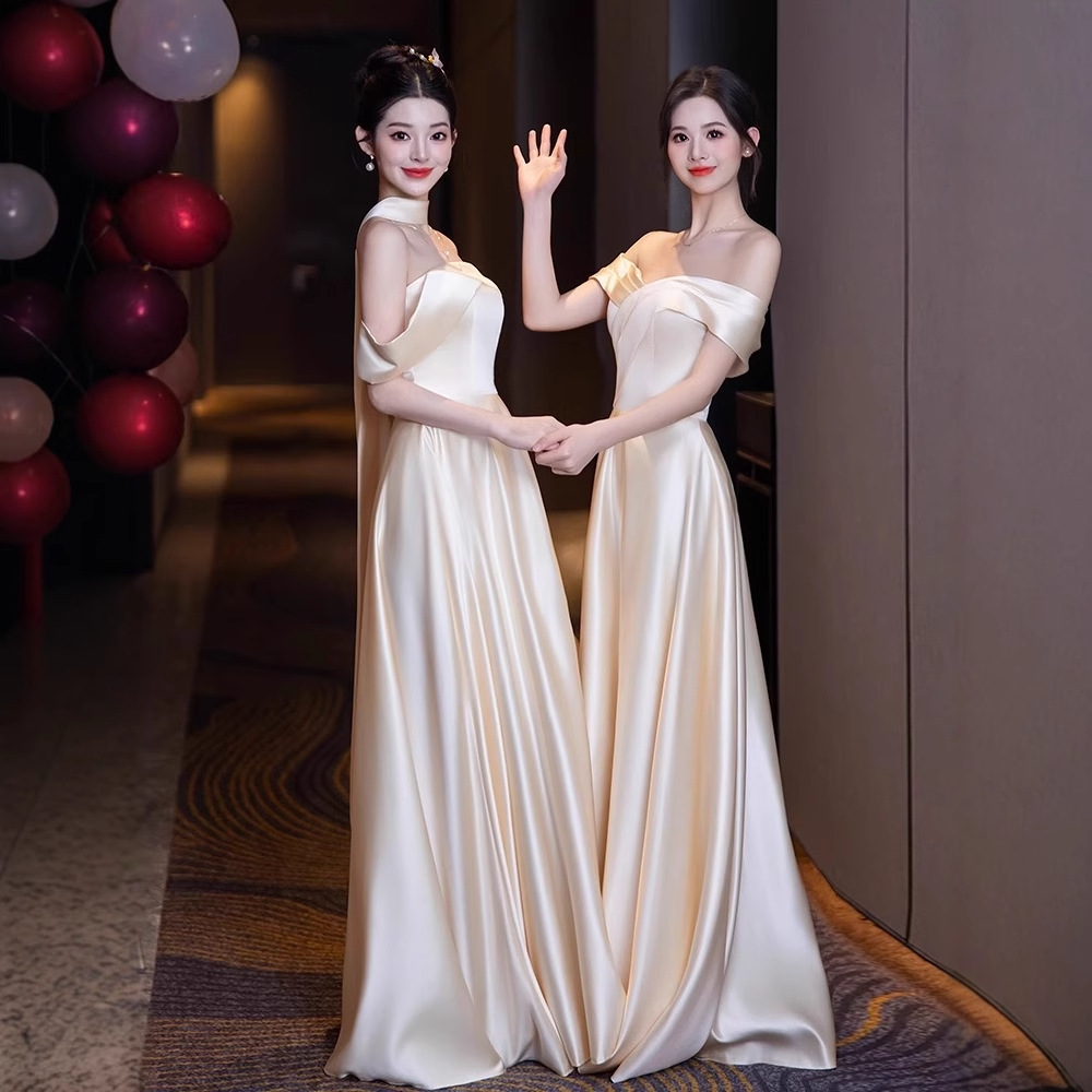 Sister Group High-end Bridesmaid Dress 2025 New Simple Satin Champagne Dress Women's Summer Wear