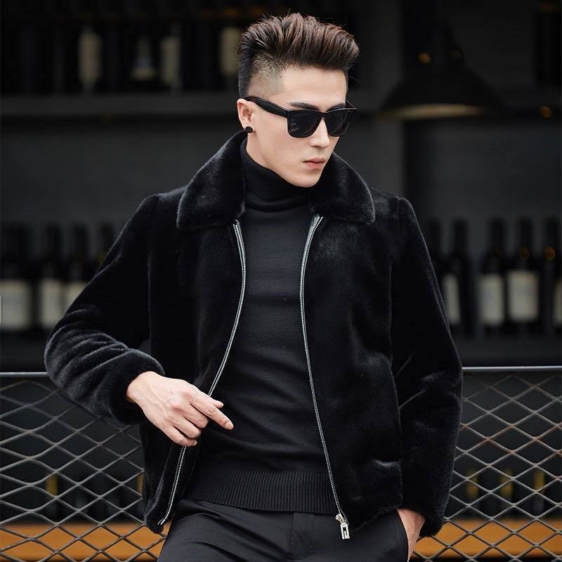 Customized Autumn and Winter Imitation Mink Outwear Mid-Length Men's Hooded Zipper Mink Outwear Mink Velvet Fur Top