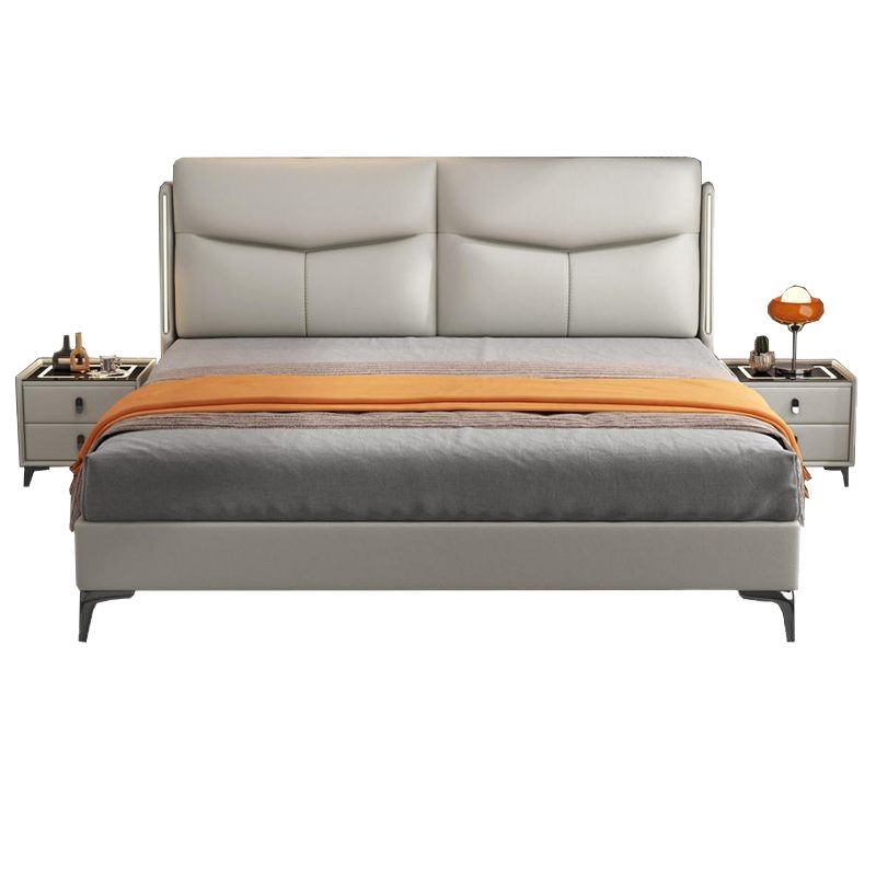Genuine Leather Bed for Master Bedroom with Light, Double Bed 1.8m Modern Simple Bed, Wedding Bed, Soft-Up, High-End, Elegant Storage Bed
