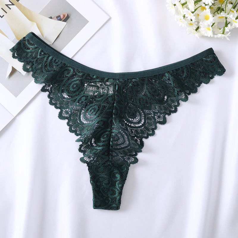 Ladies underwear transparent hollow pattern t pants sexy lace underwear cotton crotch plus size thong Amazon wholesale