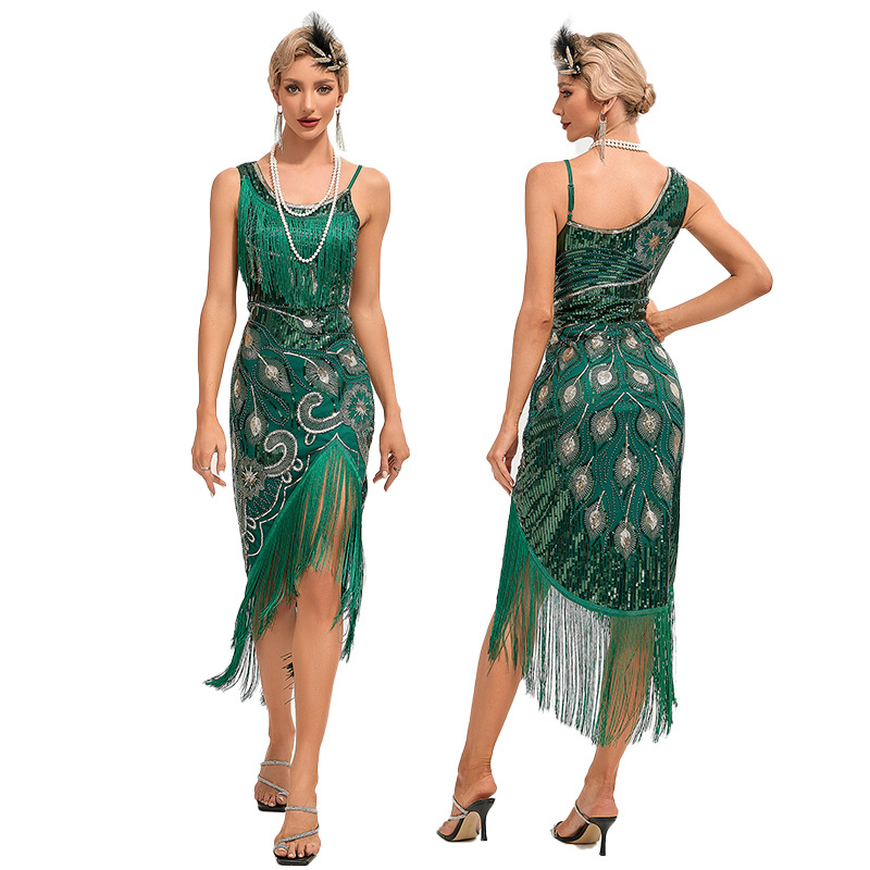 Sequined dress 1920s vintage tassel dress European and American ball mid-length evening dress Amazon cross-border