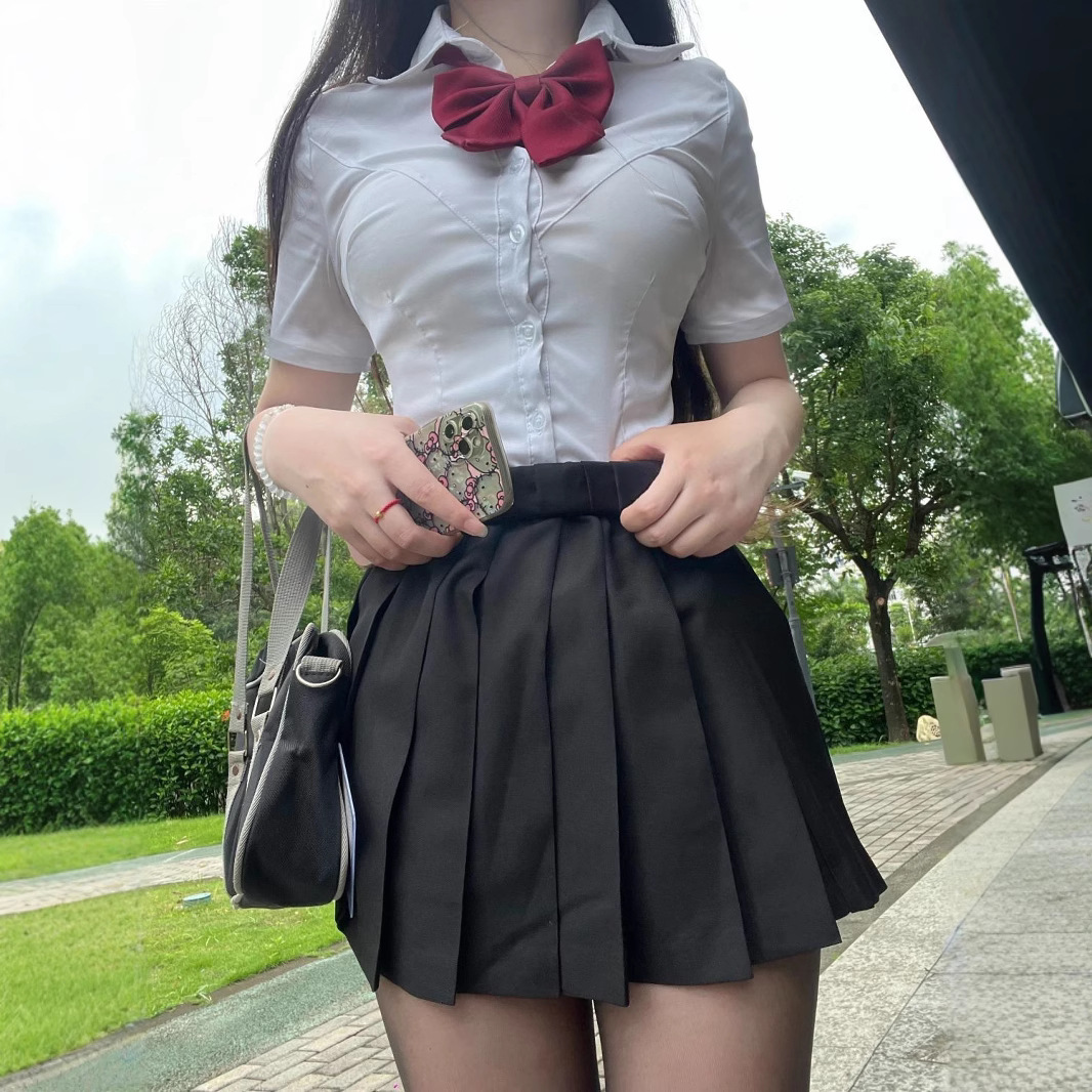 New Jk Uniform with Tie V-Neck, Waist-Cinching, Slimming Short-Sleeve Shirt for Women, Japanese College Style Versatile Pure Desire Set