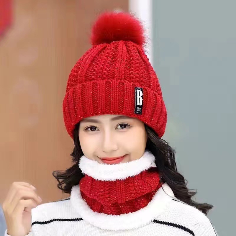 2024 Winter Korean Wool Hat Cross-border fleece-lined Thickened Neck Mother Cycling Warm Cold-proof Two-piece Set for Women