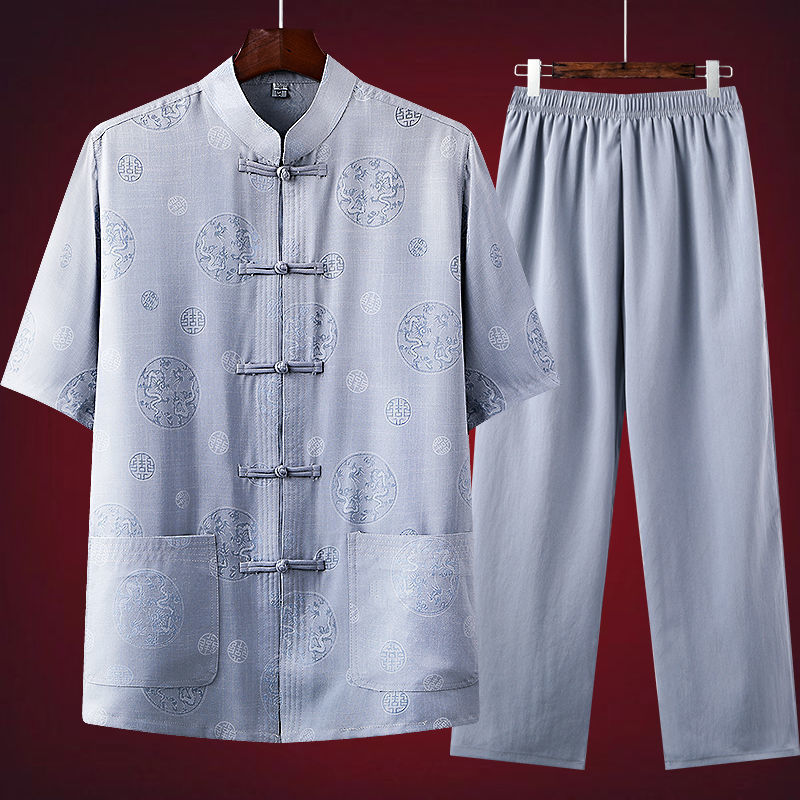 Tang Suit Men's Short-Sleeved Casual Suit Dad Summer Clothes Middle-Aged and Elderly Han Dynasty Chinese Style Men's Clothing Summer Grandpa Clothes