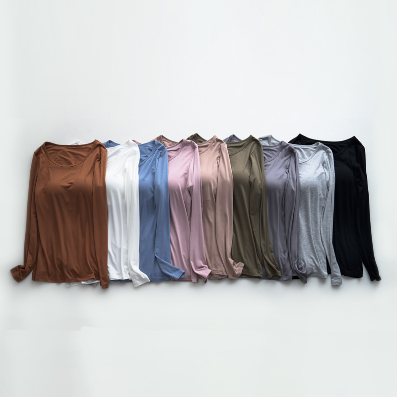 Модальная свободная футболка большого размера с длинным рукавом и нагрудной подушечкой, женская, без бюстгальтера, интегрированная, оптовая