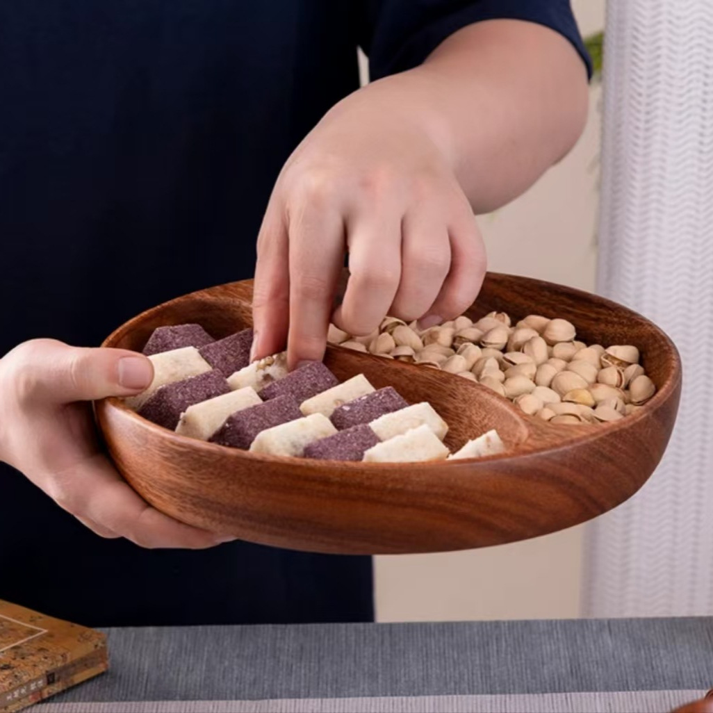 Manufacturer Wholesale Walnut Fruit Plate Divided Plate Salad Bowl Whole Wood Tai Chi Round Snack Plate