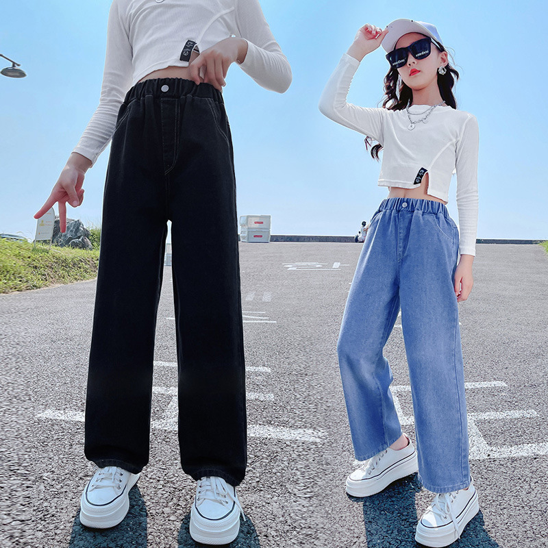 Girls Jeans 2025 Korean Style Autumn Clothes Girls Big Children Straight-Leg Leg Wide Leg Pants Autumn Casual Loose Children's Pants