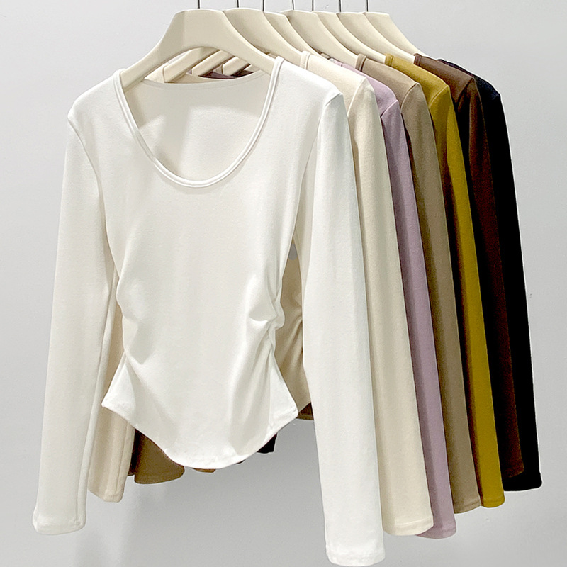 H257 Coconut Fleece Large U-Collar Base Shirt Autumn and Winter Sanding Inner T-Shirt Long-Sleeved Waist Slim-Fit Meat Covering Pleated Top